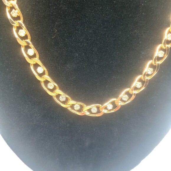 Necklace Gold-Tone Metal Link Chain Prong Set Rhinestone Accents 19.5" L 1980s - Picture 2 of 6